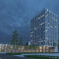Modern Glass Office Building Night View With Illuminated Windows And Trees