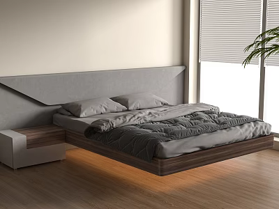 Modern Double Bed With Grey Headboard Wooden Frame Underbed Lighting And Nightstand 3d model