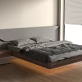 Modern Double Bed With Grey Headboard Wooden Frame Underbed Lighting And Nightstand