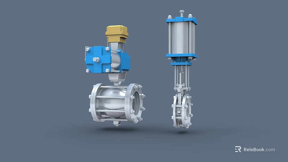 Industrial Valves With Blue Yellow Silver Components For Industrial Pipeline Systems 3d model 