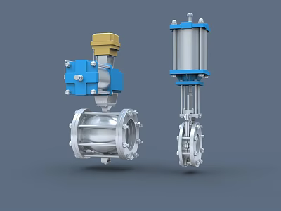 Industrial Valves With Blue Yellow Silver Components For Industrial Pipeline Systems 3d model