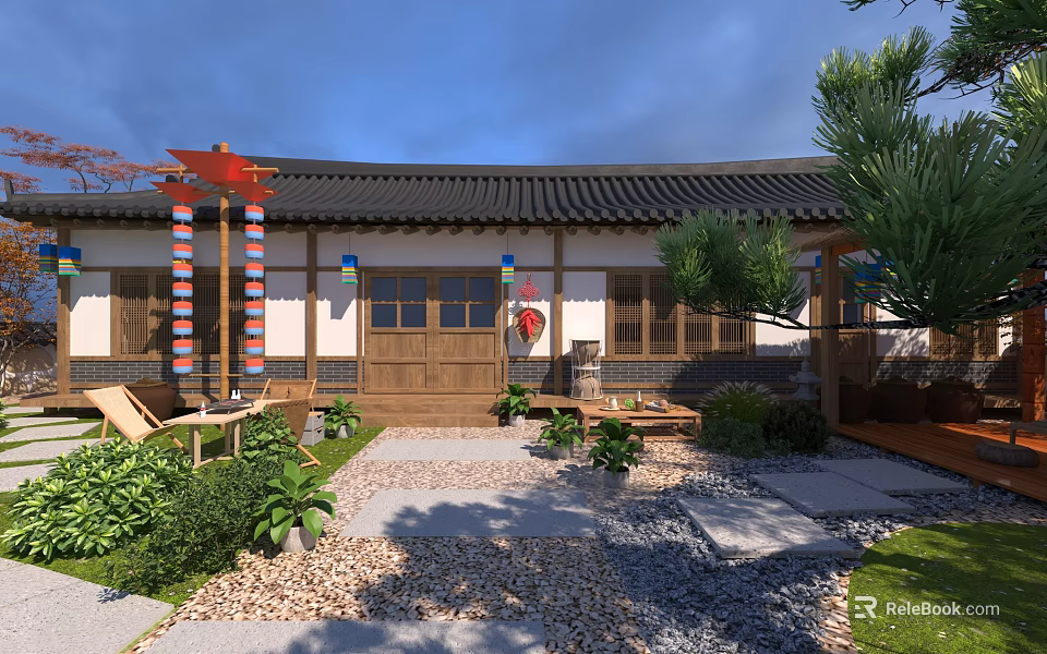 Traditional Korean Courtyard Landscape With Comfortable Outdoor Leisure Area And Lush Green Plants 3d model 
