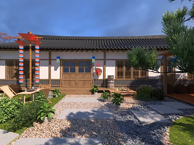 Traditional Korean Courtyard Landscape With Comfortable Outdoor Leisure Area And Lush Green Plants 3d model