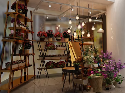 Bright Floral Shop Interior With Various Flowers On Wooden Shelves And Hanging Lights 3d model