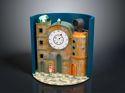 Decorative Miniature Building Model With Blue Frame White Clock Red Hands Green Roof And Orange Tower 3d model