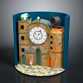Decorative Miniature Building Model With Blue Frame White Clock Red Hands Green Roof And Orange Tower