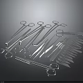 Metal Surgical Instruments Including Scissors Forceps And Scalpels Arranged Neatly On Black Background