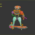 Game Movie Character Robot With Orange And Teal Color Holding Tools On Skate Like Device