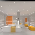 Modern Store Interior With Orange White Gray Decor Display Shelves Seating And Lighting