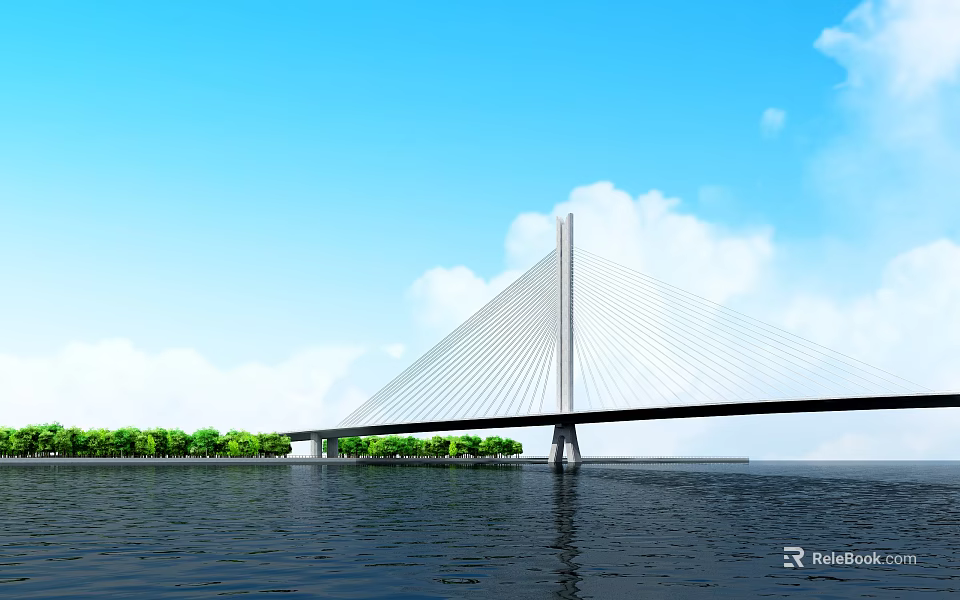 Cable Stayed Bridge Over Water With Blue Sky White Clouds And Green Vegetation 3d model 