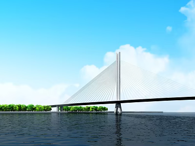 Cable Stayed Bridge Over Water With Blue Sky White Clouds And Green Vegetation 3d model
