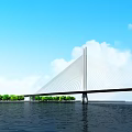 Cable Stayed Bridge Over Water With Blue Sky White Clouds And Green Vegetation
