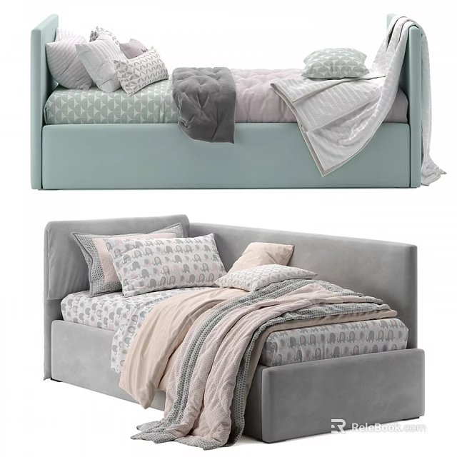 Light Green And Gray Upholstered Kids Bed With Patterned Pillows Blankets And Sheets 3d model 