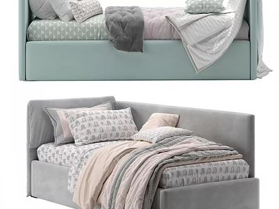 Light Green And Gray Upholstered Kids Bed With Patterned Pillows Blankets And Sheets 3d model