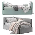 Light Green And Gray Upholstered Kids Bed With Patterned Pillows Blankets And Sheets
