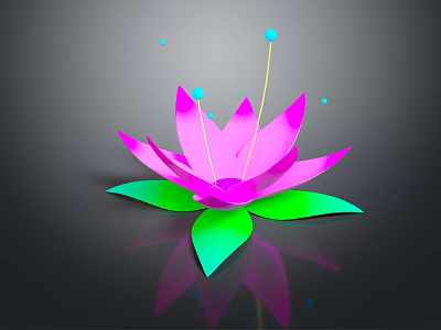 Vibrant Pink Lotus Shaped Flower With Green Leaves Blue Dots And Reflection On Dark Background 3d model