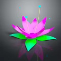Vibrant Pink Lotus Shaped Flower With Green Leaves Blue Dots And Reflection On Dark Background