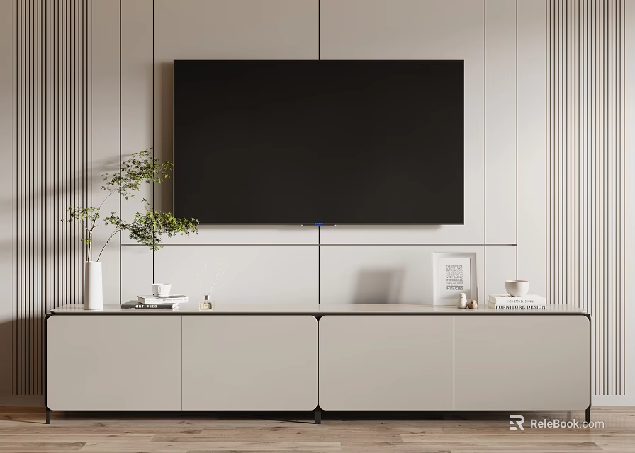 Modern White TV Stand with Green Plant Photo Frame and Wall TV on Striped Wall 3d model 