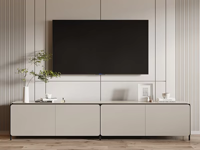 Modern White TV Stand with Green Plant Photo Frame and Wall TV on Striped Wall 3d model