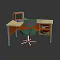 Orange And Beige Writing Desk With Green Office Chair Vintage Computer And Books