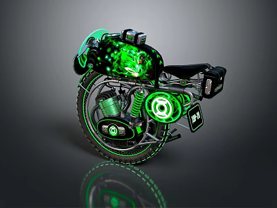 Modern Motorcycle With Green Glowing Engine Wheels And Illuminated Design Details 3d model