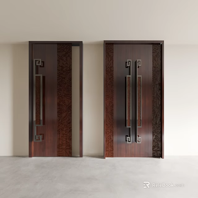 Dark Brown Solid Wood Swing Doors With Carved Patterns And Metal Handles 3d model