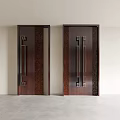 Dark Brown Solid Wood Swing Doors With Carved Patterns And Metal Handles 3d model