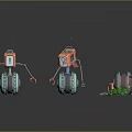 Three Colorful Robots With Various Sizes Wheels And Green Tools On Reflective Floor