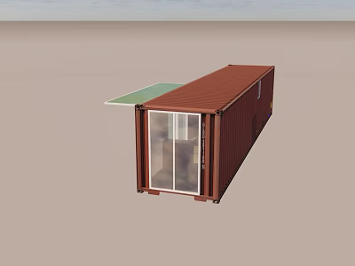 Modern Container Building Design With Glass Doors And Extended Green Roof 3d model