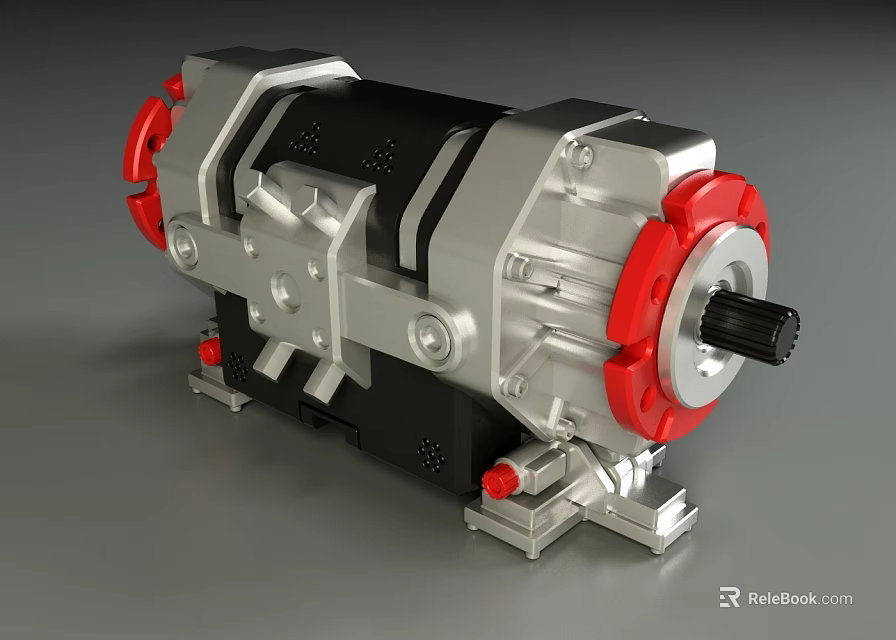 Industrial Grade Silver Metal Gearbox With Red Components Black Housing And Mounting Brackets 3d model 