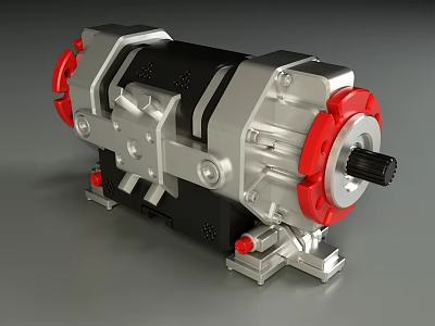 Industrial Grade Silver Metal Gearbox With Red Components Black Housing And Mounting Brackets 3d model