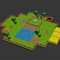 Pixel Art Garden Scene With Green Grass Fence Trees Pond And White Animal