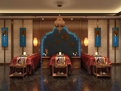 Traditional SPA Sauna Interior With Red Massage Beds And Decorative Wall Lights 3d model