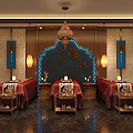 Traditional SPA Sauna Interior With Red Massage Beds And Decorative Wall Lights