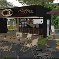 Commercial Coffee Shop Equipment Featuring Bar Counter Outdoor Tables And Green Plants