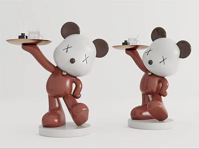 Cartoon Bear Sculptures With White Head Brown Body Holding Tray And White Base Home Decor 3d model