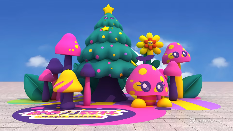 Colorful Candy World Photo Spot With Green Christmas Tree And Mushroom Decorations 3d model 