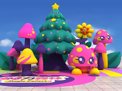 Colorful Candy World Photo Spot With Green Christmas Tree And Mushroom Decorations 3d model