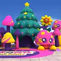 Colorful Candy World Photo Spot With Green Christmas Tree And Mushroom Decorations