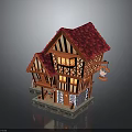 Timber Framed Cottage With Red Gabled Roof And Hanging Decoration