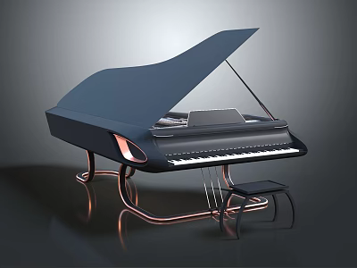 Elegant Black Grand Piano With Open Lid Copper Stand And Matching Stool 3d model