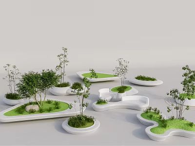 White Irregular Shaped Outdoor Chair With Green Lawn And Small Trees For Modern Outdoor Spaces 3d model