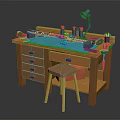 Wooden Workbench With Matching Stool Tools Table Lamp And Paint Cans On Top Below Drawers