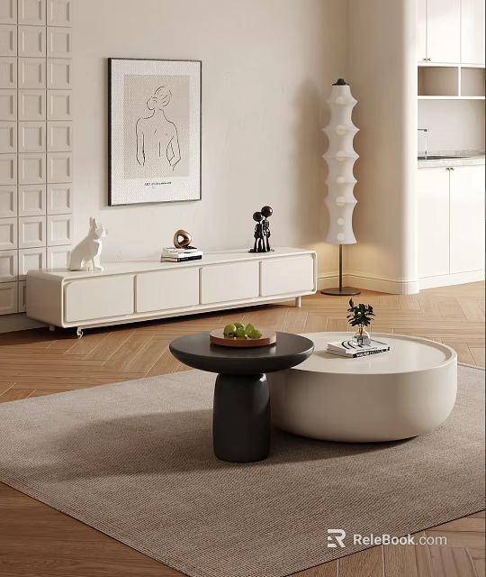 Modern White TV Stand With Rabbit Decoration Books And Drawers In Living Room 3d model 