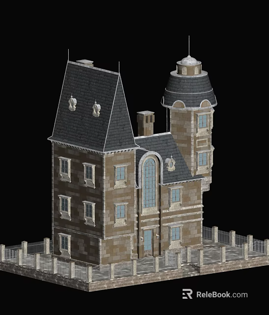 Classic Detached Villa With Tower Gabled Roof Arched Windows And Stone Exterior 3d model 