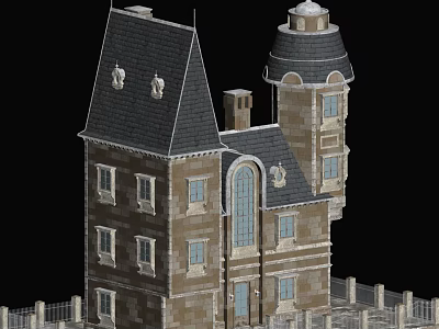 Classic Detached Villa With Tower Gabled Roof Arched Windows And Stone Exterior 3d model