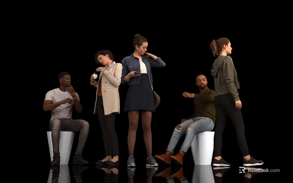 Group of People in Various Poses Standing and Sitting Indoors Holding Drinks with Simple Setup 3d model 