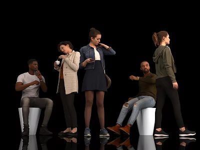 Group of People in Various Poses Standing and Sitting Indoors Holding Drinks with Simple Setup 3d model