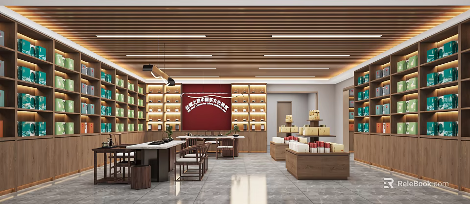 Traditional Chinese Tea Specialty Store With Wooden Decor Display Shelves And Tables 3d model 