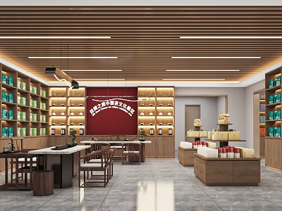 Traditional Chinese Tea Specialty Store With Wooden Decor Display Shelves And Tables 3d model